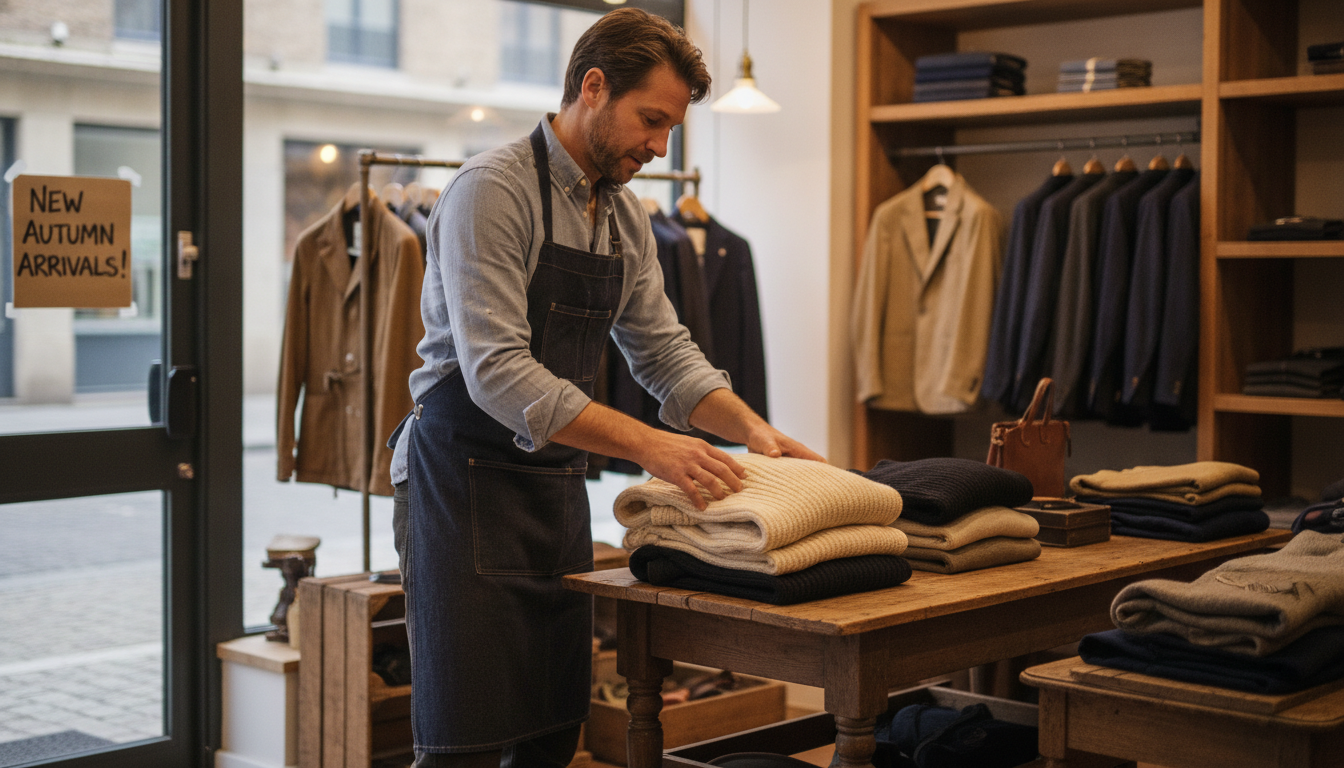 Independent boutique owner arranging a seasonal window display in his menswear shop