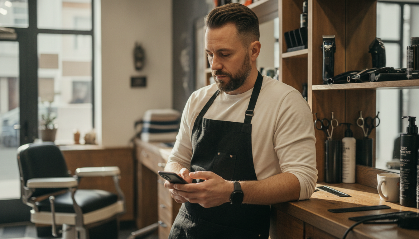 Barbershop owner reviewing a lapsed customer list on his phone between appointments