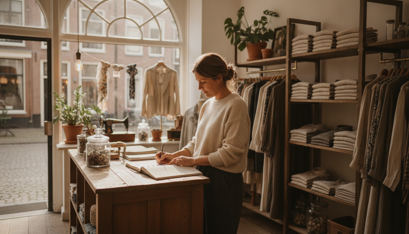 Boutique clothing store owner writing in a seasonal planning calendar at her shop counter