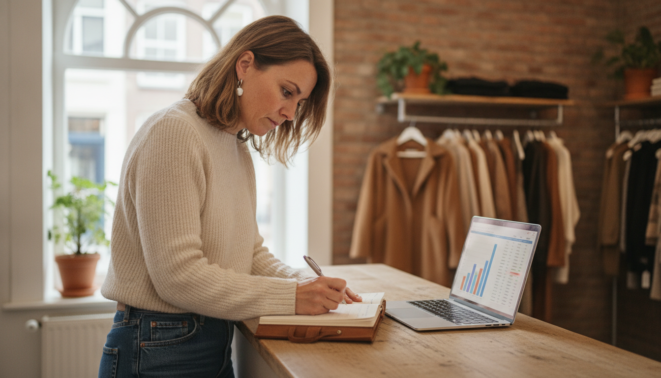 A boutique clothing shop owner reviewing customer segmentation notes at her counter