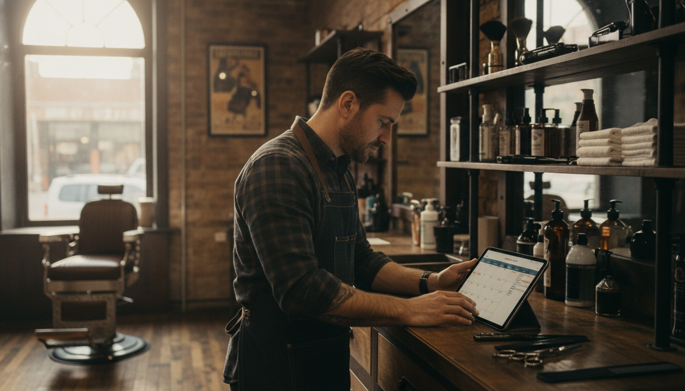 Barbershop owner reviewing customer data and calendar on a tablet to plan ahead for a slow period