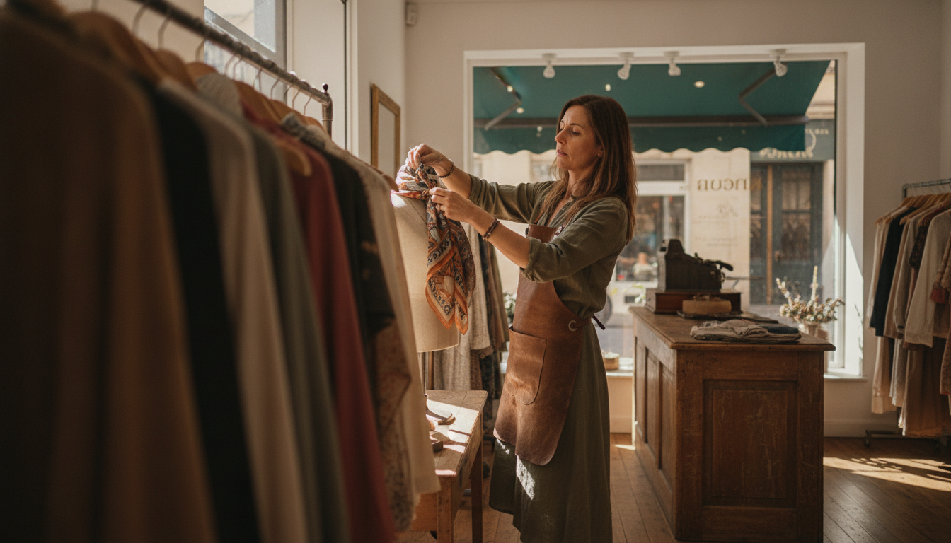 A boutique clothing store owner arranging her window display on a quiet morning