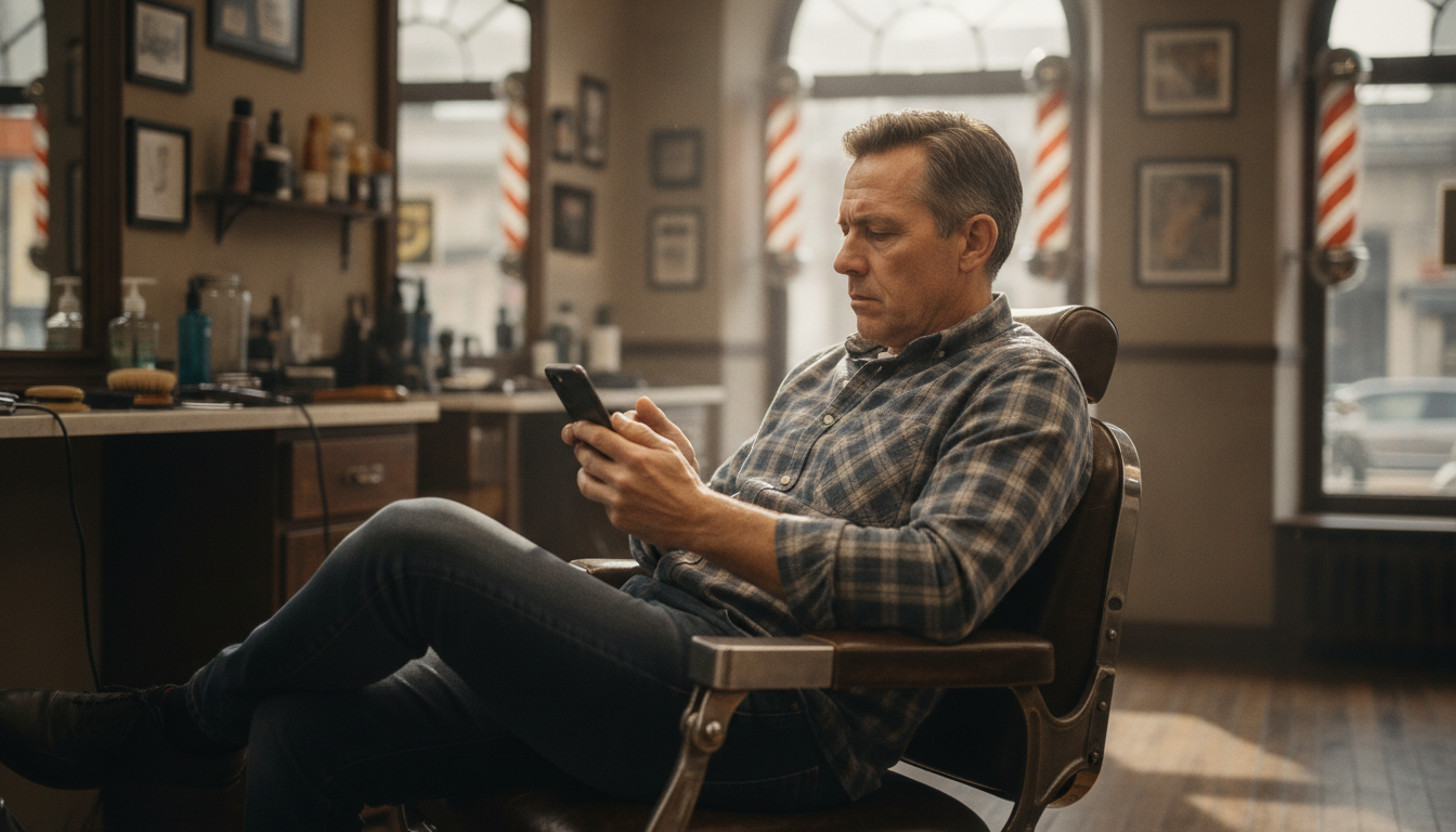 Barbershop owner responding to customer reviews on his phone between appointments