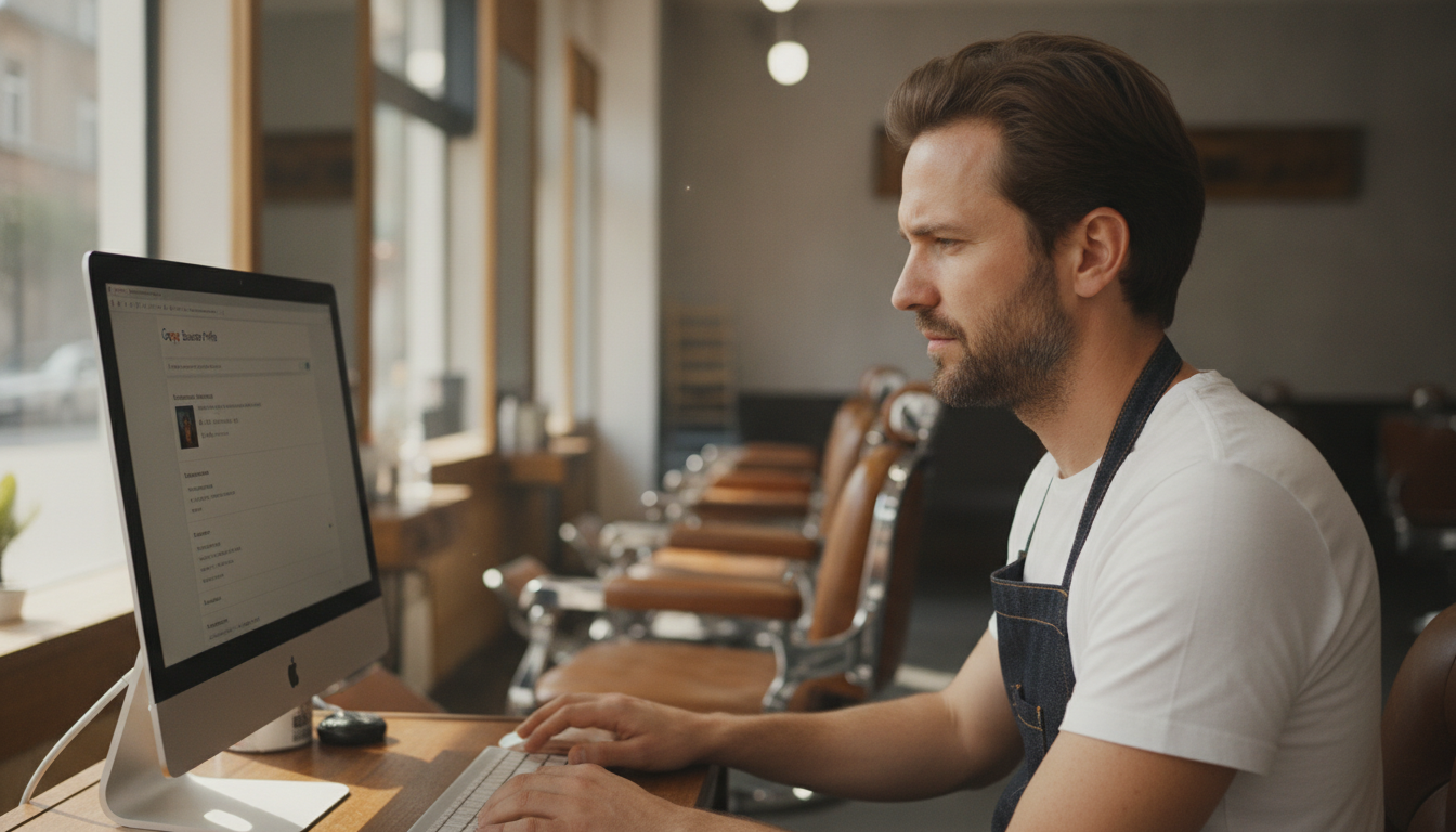 A barbershop owner updating his Google Business profile before the day opens