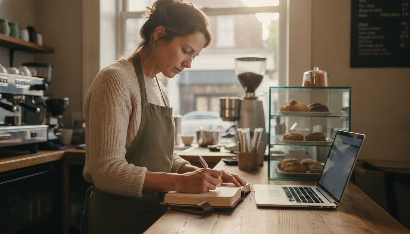 A cafe owner reviewing her marketing workflow at the counter during a quiet morning