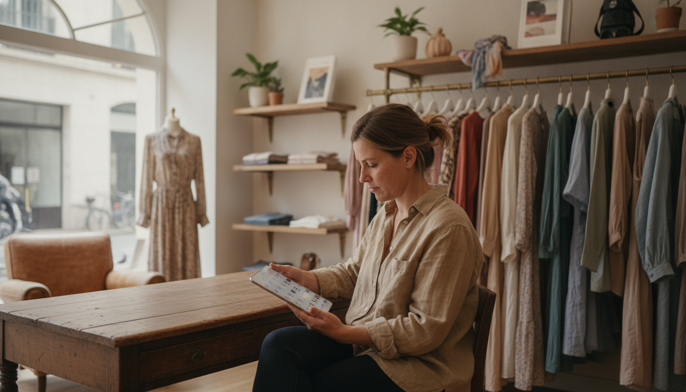 Boutique clothing store owner reviewing scheduled social posts on a tablet in her shop