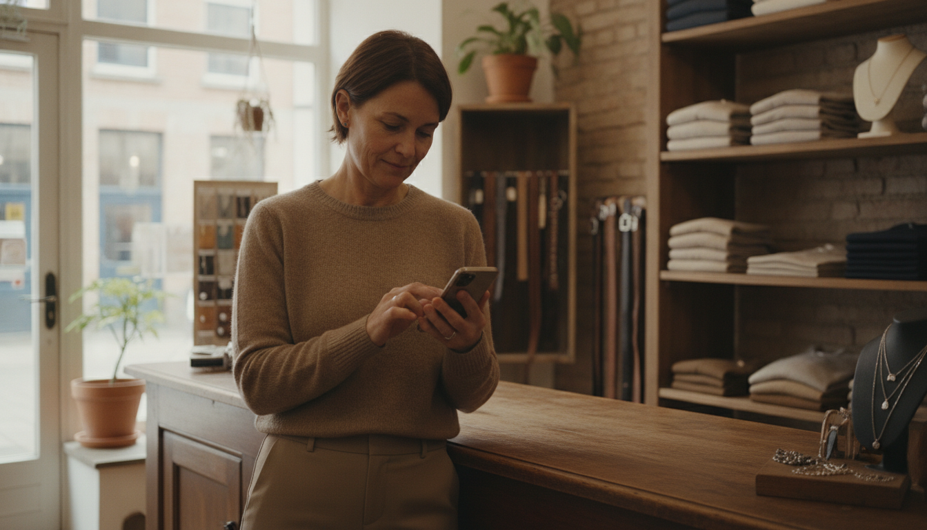 A boutique clothing shop owner responding to a customer review on her phone at the counter