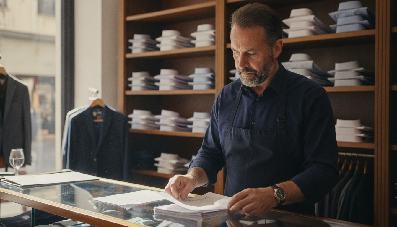 Boutique clothing store owner reviewing customer purchase data at his shop counter