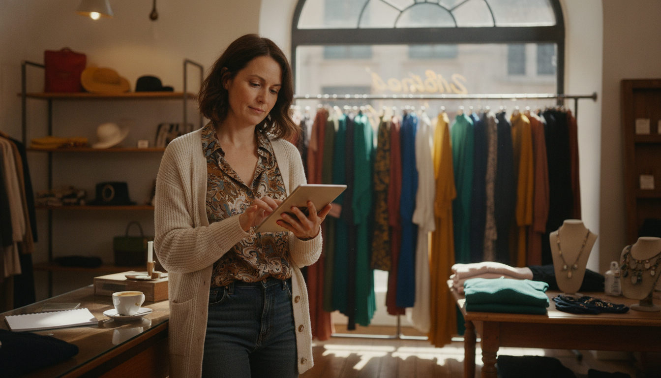 Boutique clothing store owner reviewing her weekly content plan on a tablet in-store