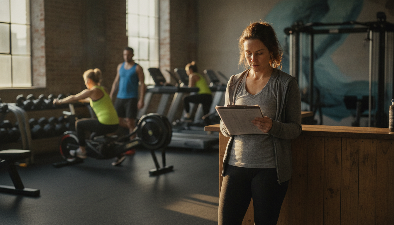 Independent gym owner reviewing member retention data at front desk