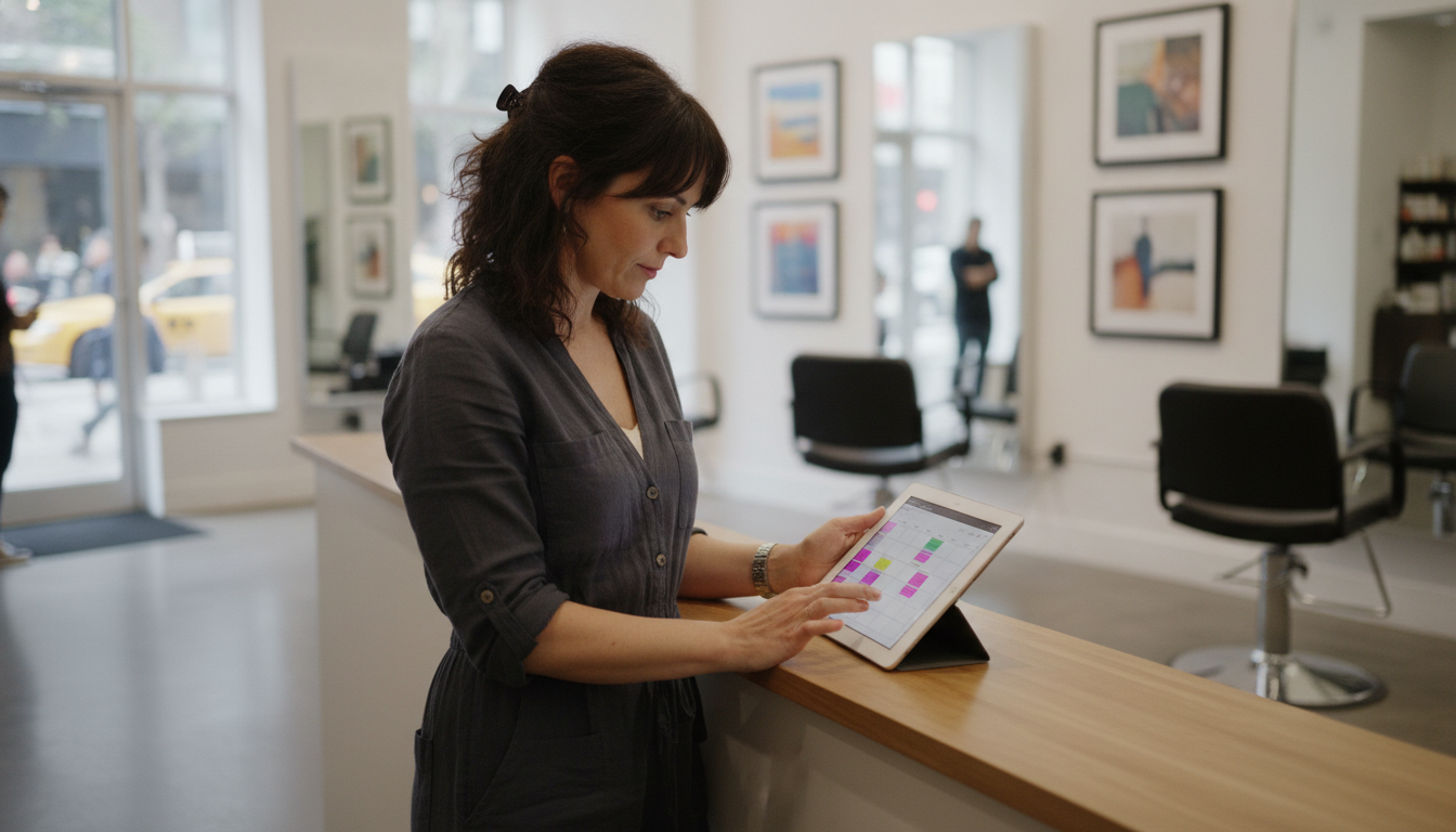 Hair salon owner reviewing booking and customer data on a tablet, illustrating audience recency segmentation for local promotions