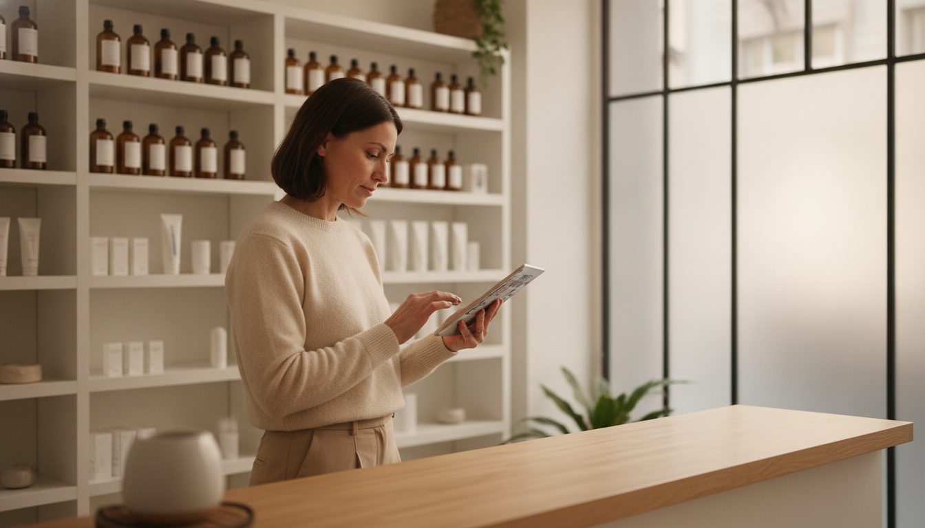 A spa and skincare clinic owner reviewing her business's Instagram profile structure at reception