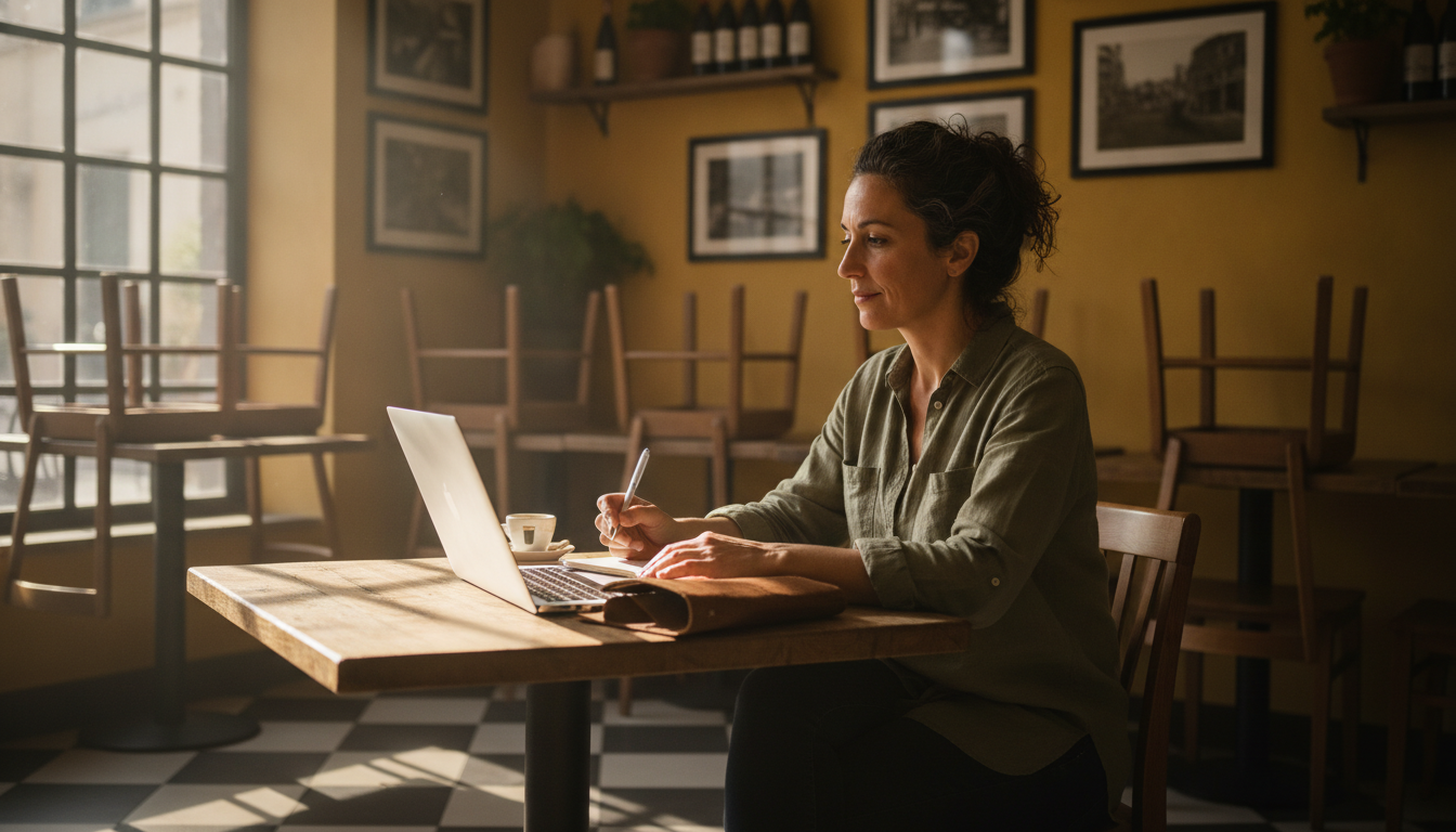A restaurant owner batching her weekly social media content before the lunch service