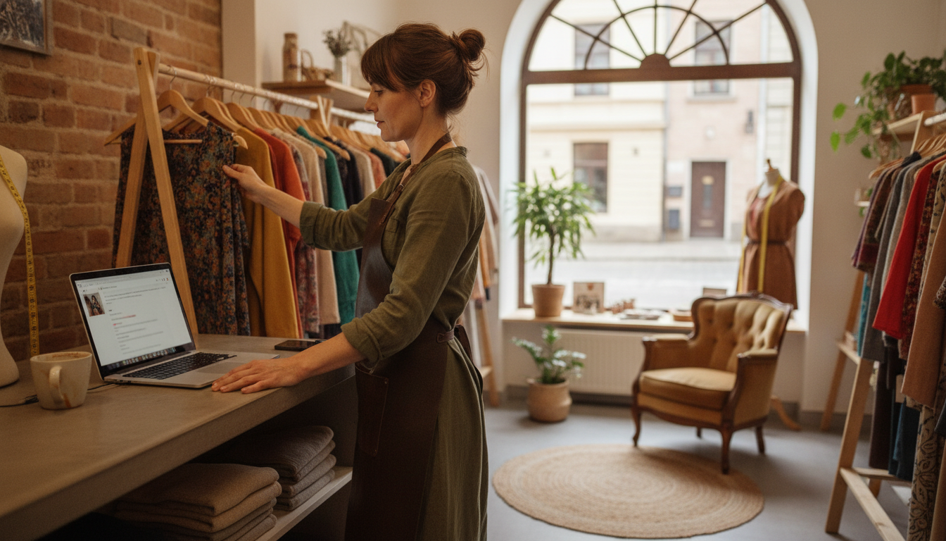 A boutique clothing store owner checking her Google Business Profile on her laptop while managing her shop floor