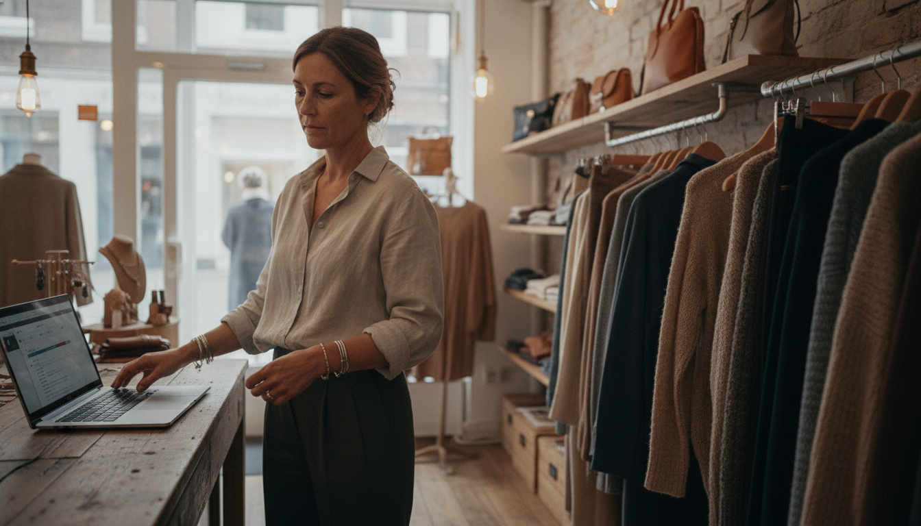 Boutique clothing store owner managing content scheduling while arranging products in her shop