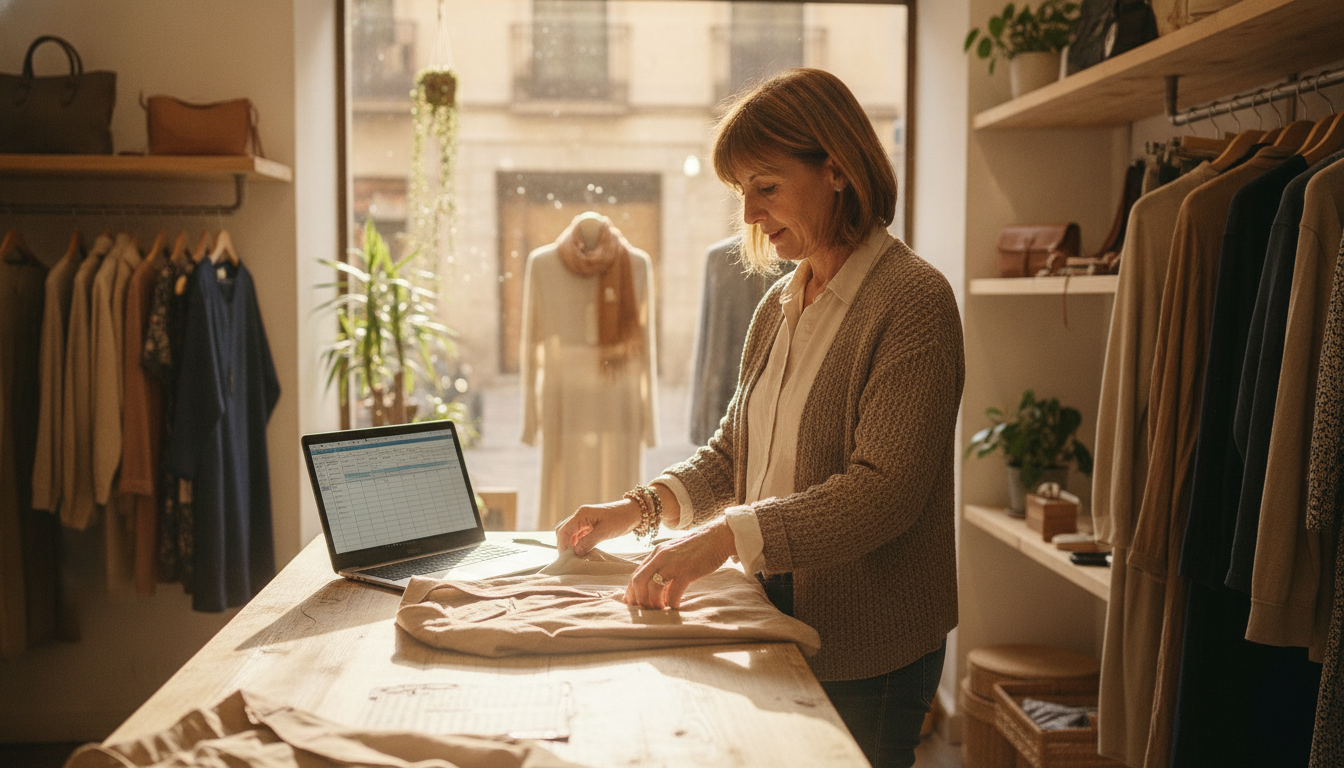 A boutique clothing store owner working at her counter with customer data open on her laptop