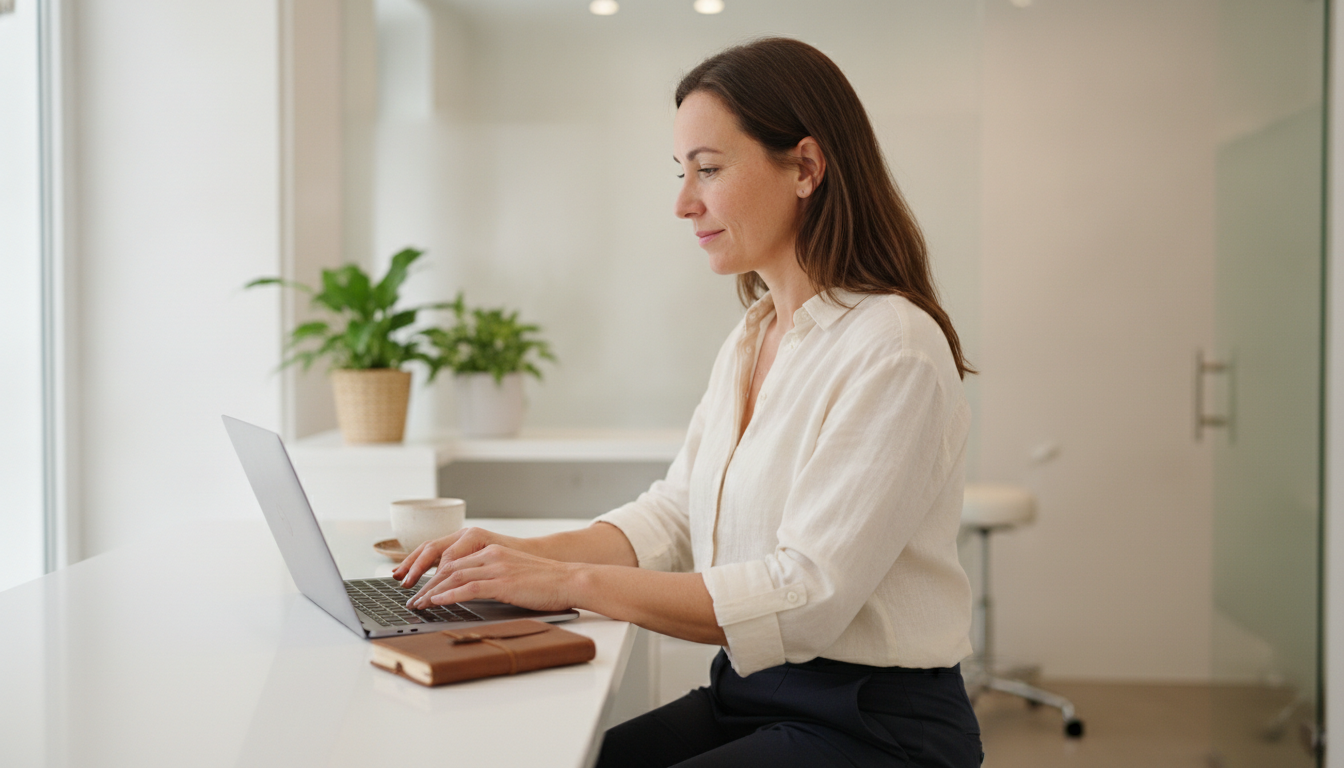 Spa and skincare clinic owner reviewing her business profile on a laptop at her reception desk