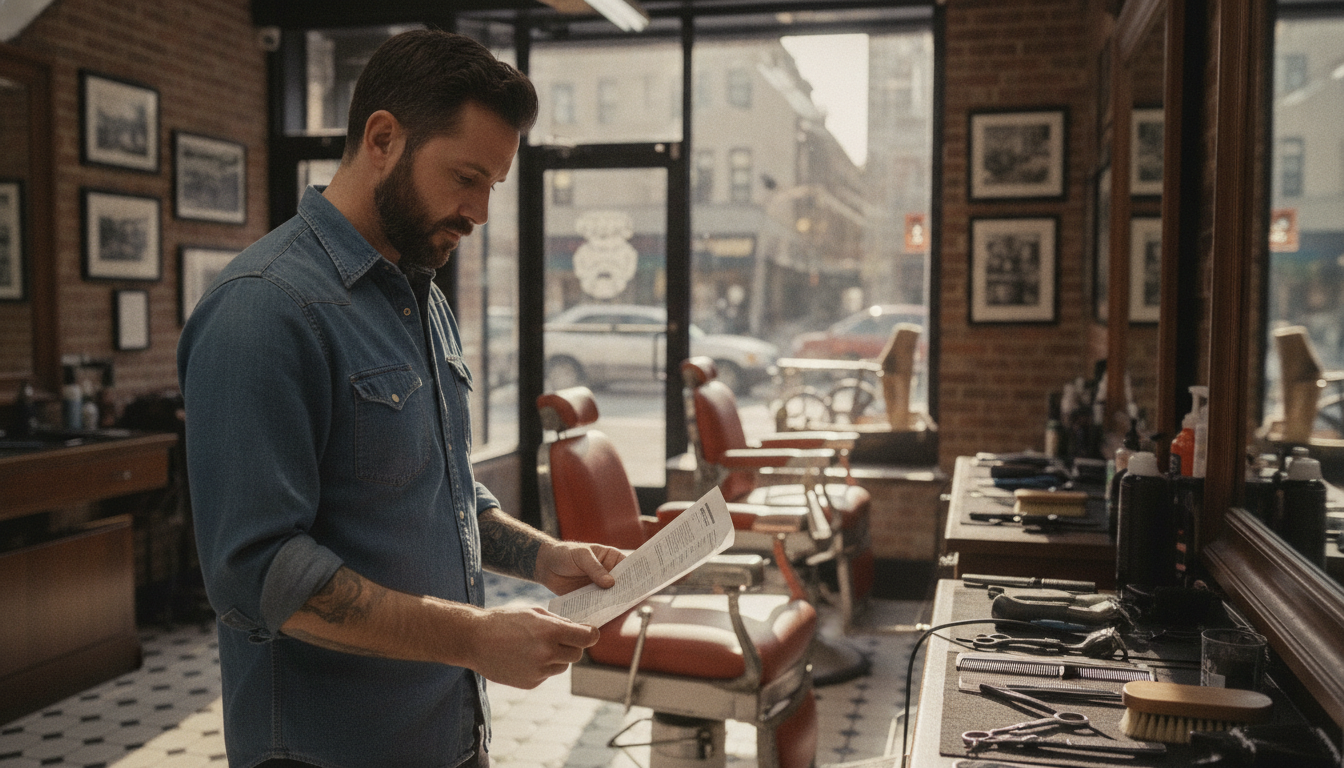 A barbershop owner reviewing his paid advertising brief at his shop counter in Brooklyn