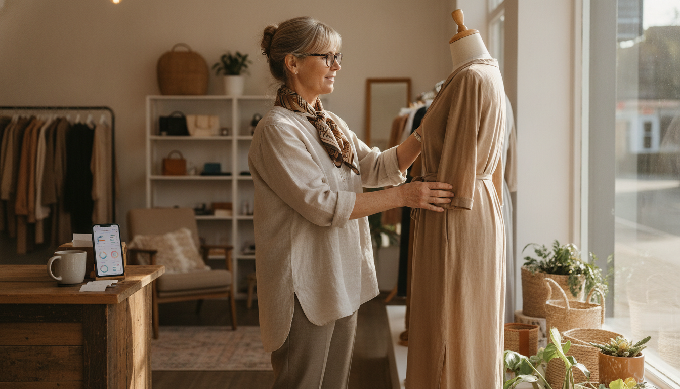 Boutique owner checking automated marketing results while setting up her shop window display