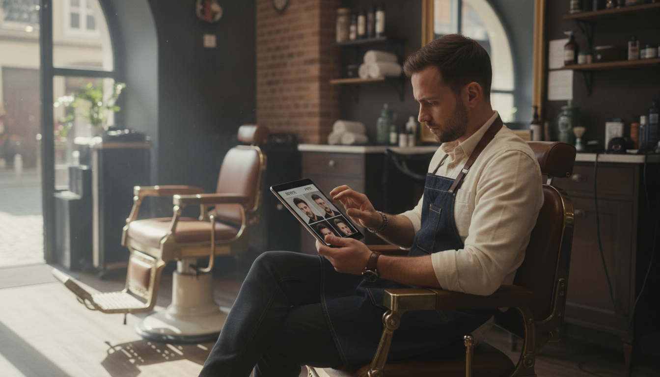 Barbershop owner reviewing and editing a social media ad on a tablet inside his shop