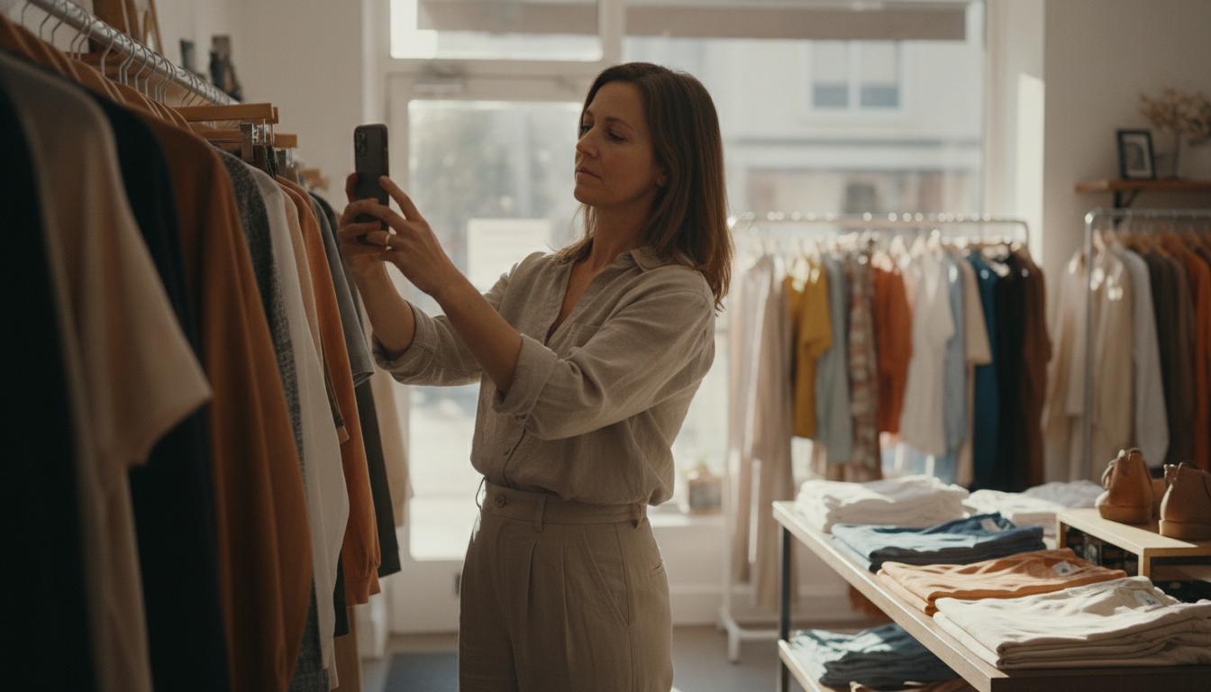Boutique owner photographing new stock in her shop for a social media campaign