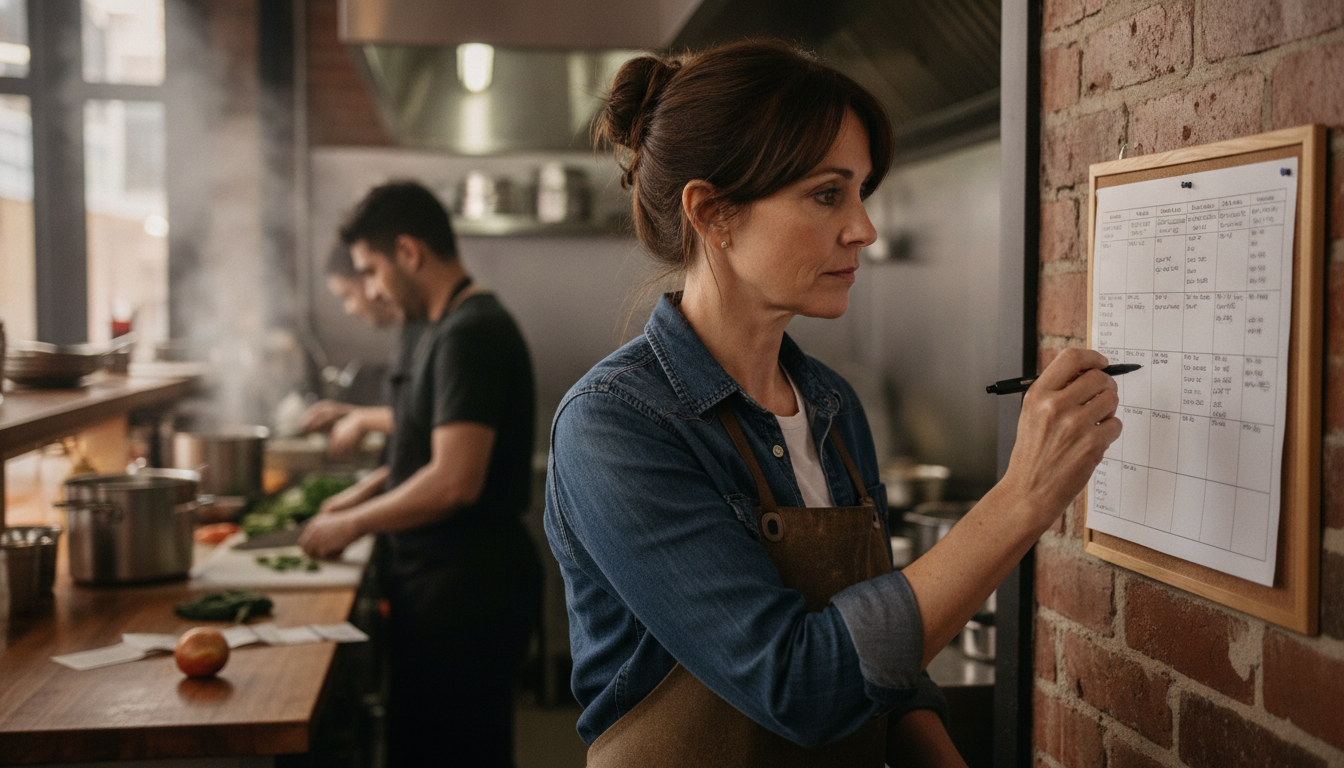 A restaurant owner planning her weekly marketing at the kitchen pass