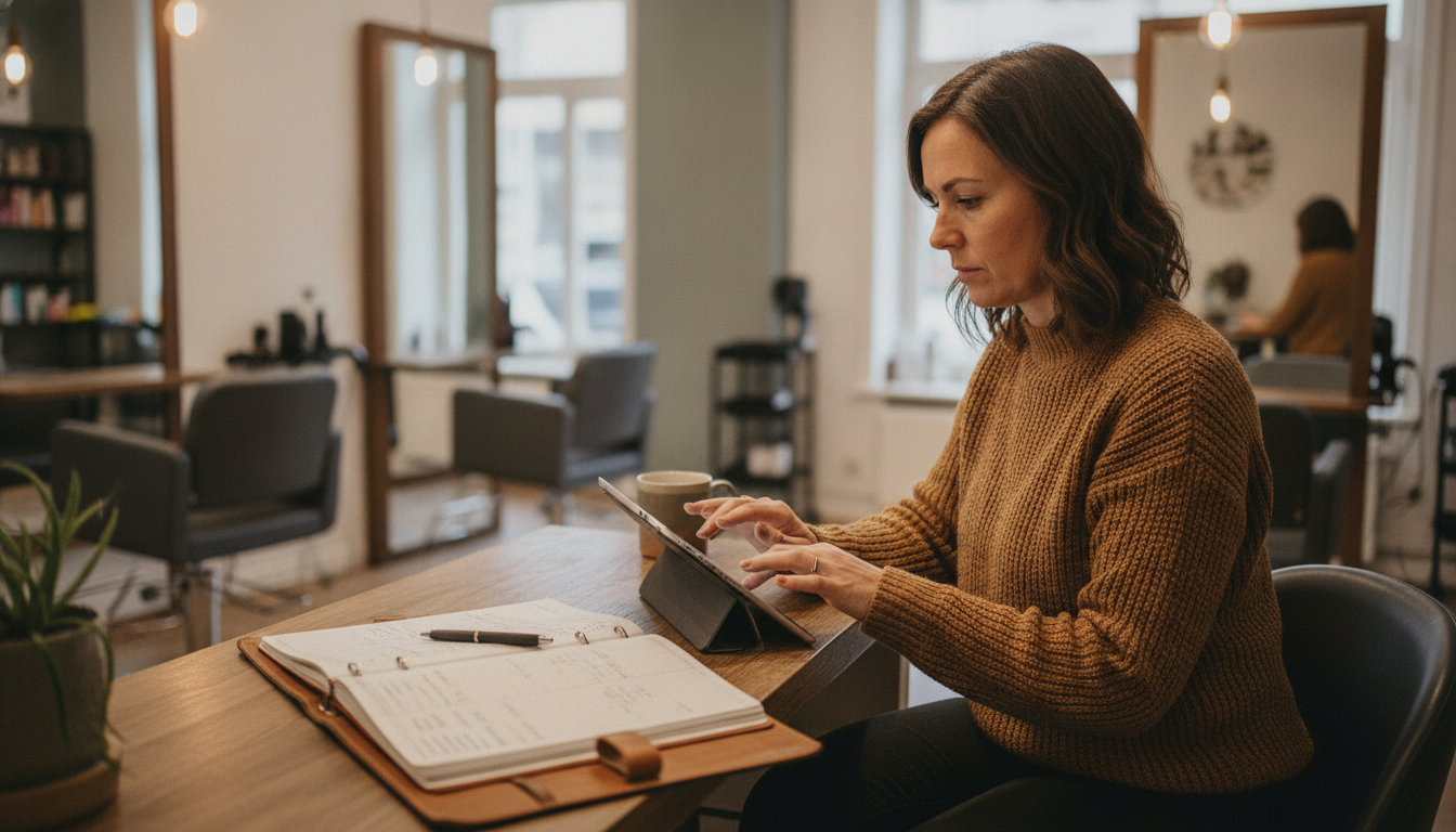 Hair salon owner sending post-peak follow-up messages to recent customers at her front desk