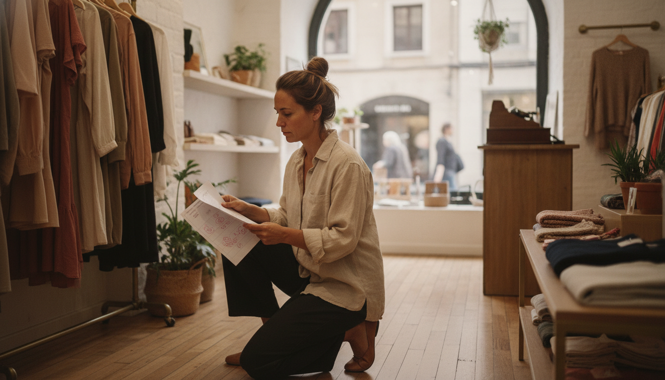 Boutique retail owner reviewing weekly sales data in her shop