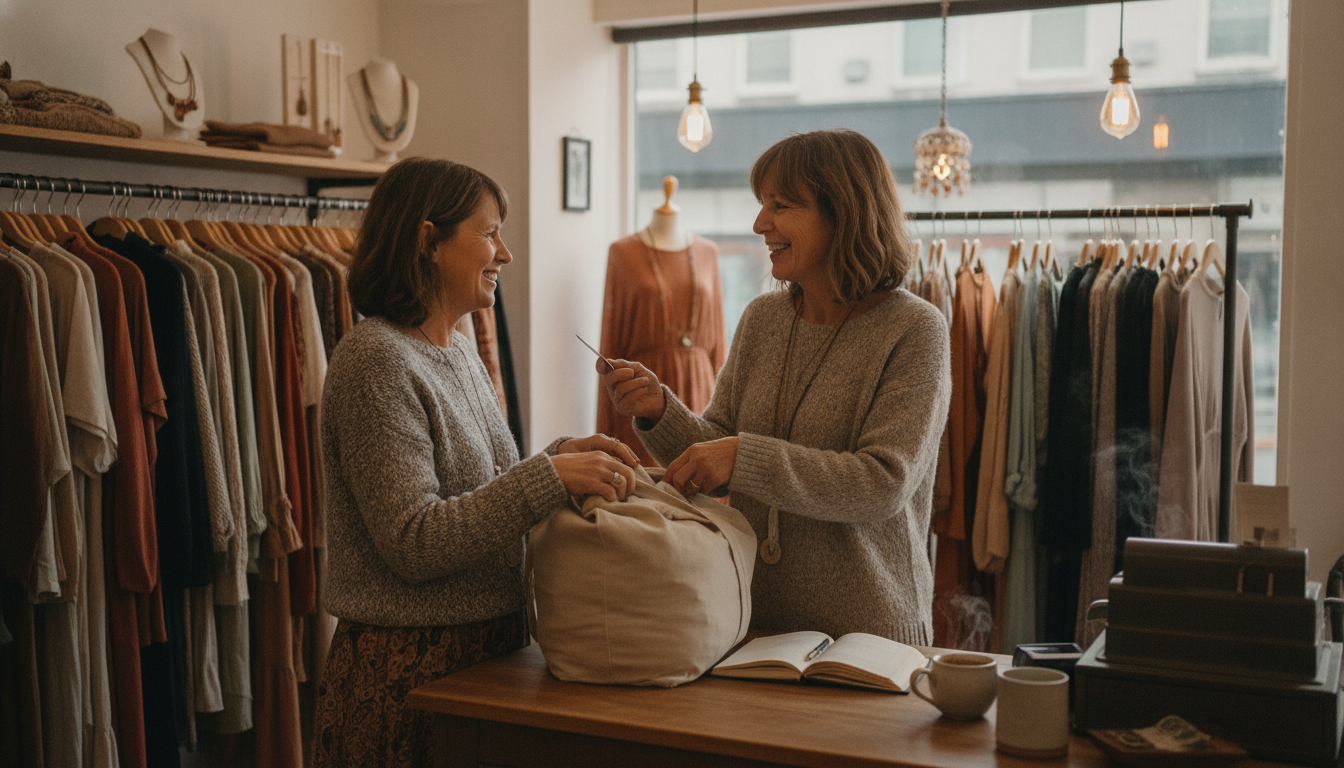 Boutique owner welcoming back a returning regular customer at the shop counter