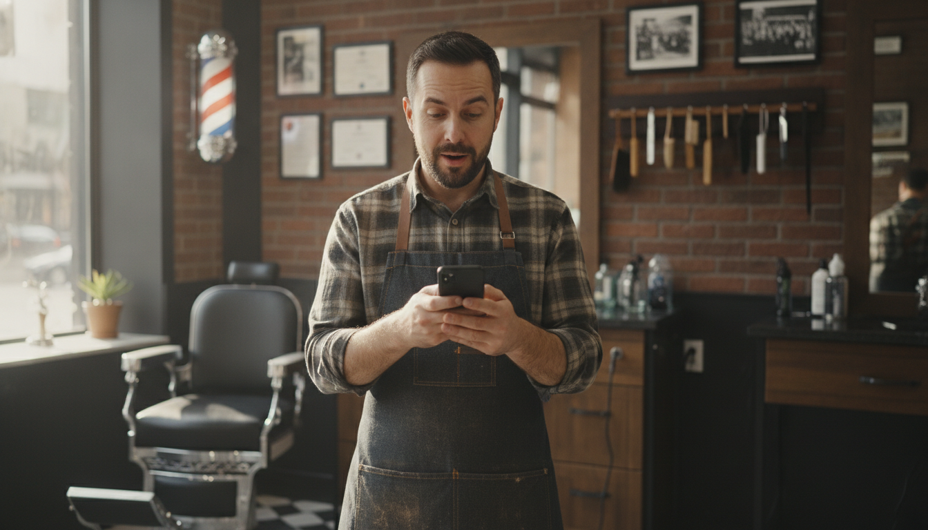 Barbershop owner reviewing a customer notification on his phone between appointments