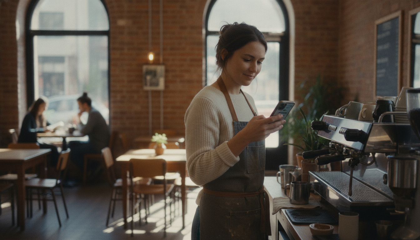Cafe owner checking automated customer reactivation messages on her phone between service