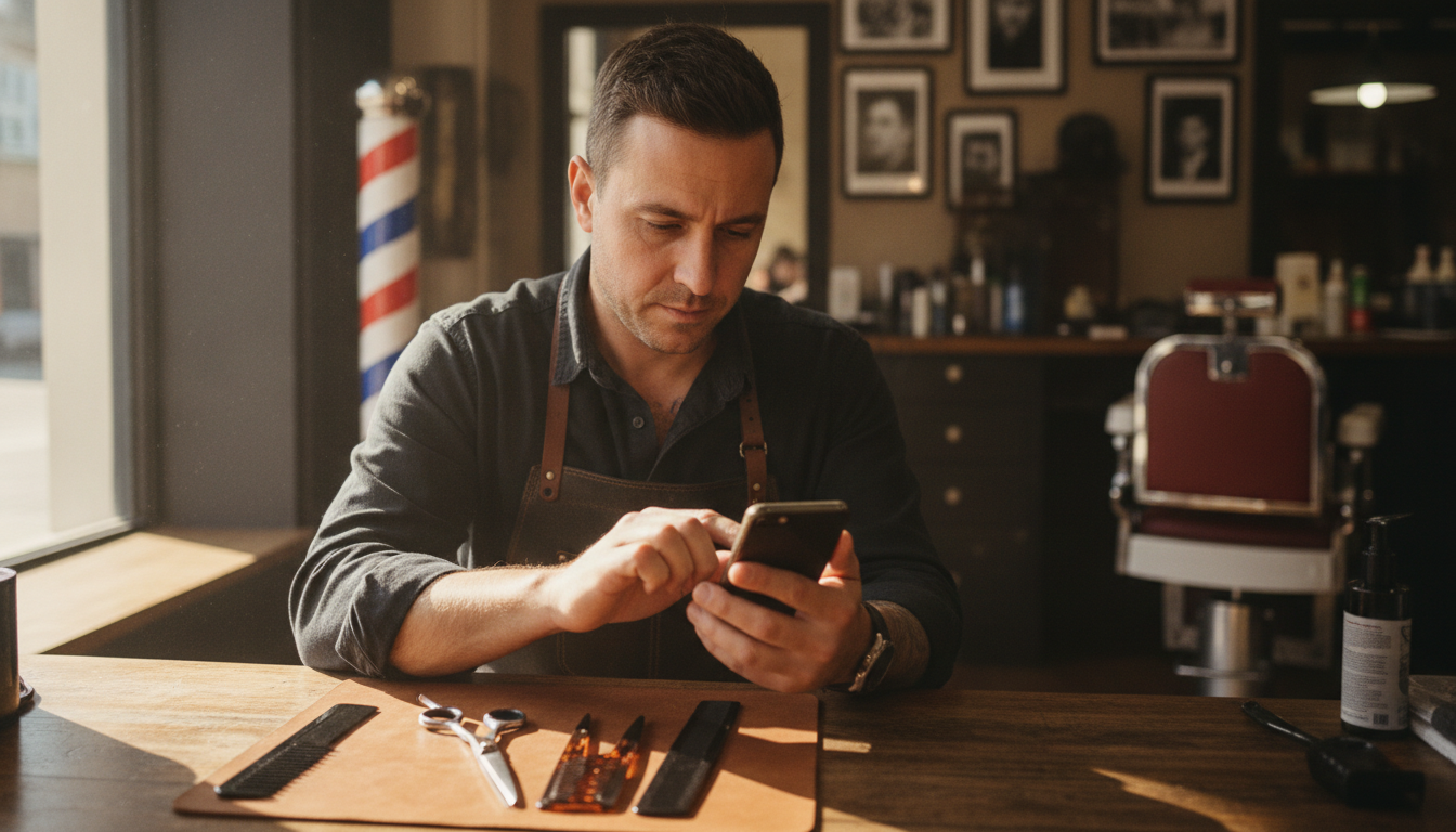A barbershop owner sending a follow-up message to a recent customer between appointments
