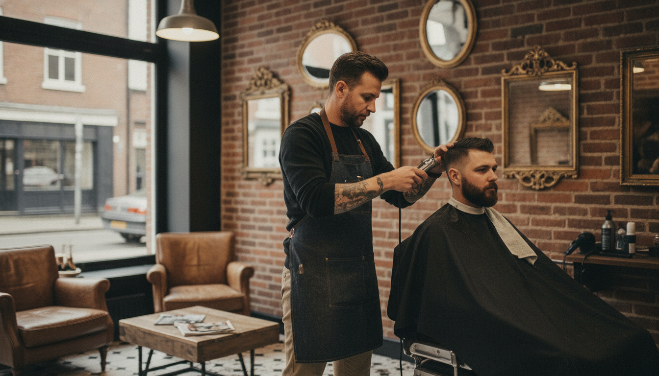 A barber focused on cutting a client's hair in a warm independent barbershop