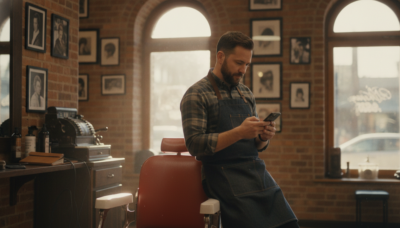 A barbershop owner reviewing his social media content strategy during a quiet moment between clients