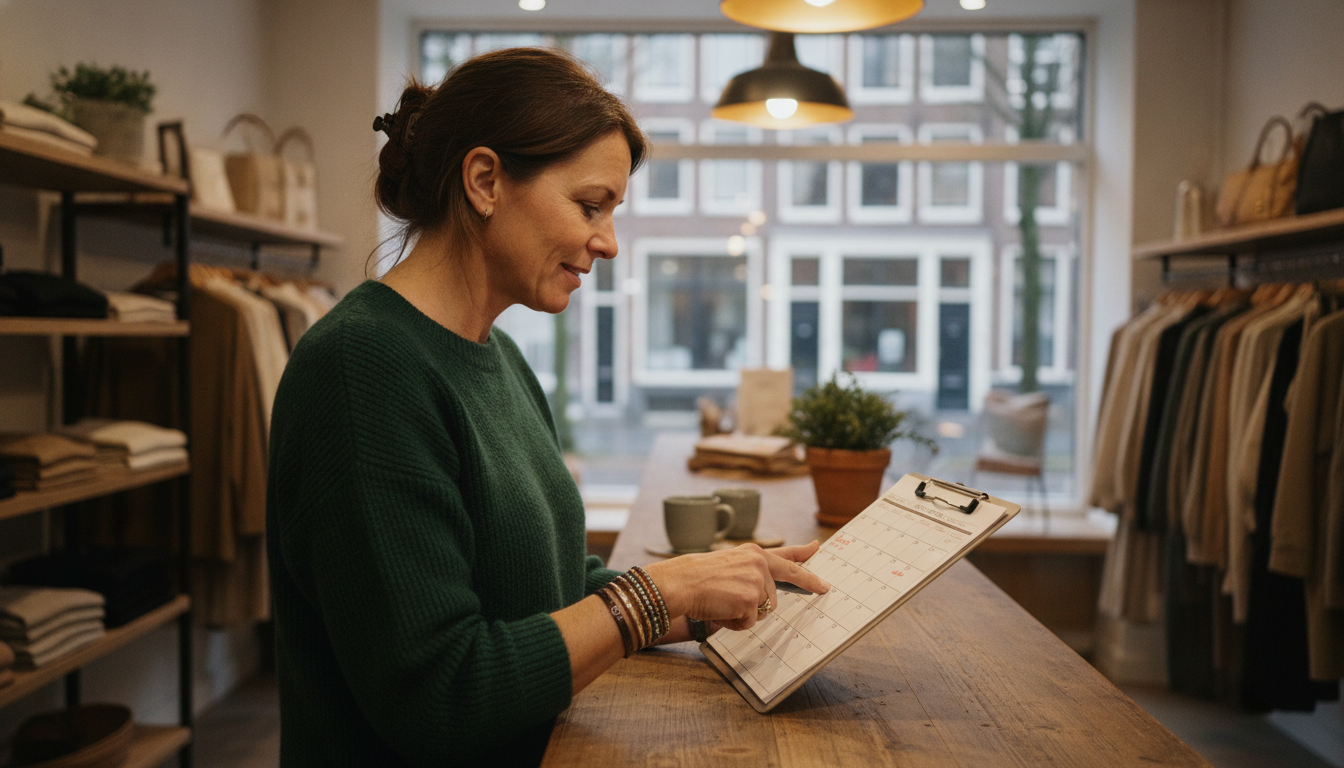 A boutique clothing store owner reviewing her weekly marketing rhythm at the shop counter