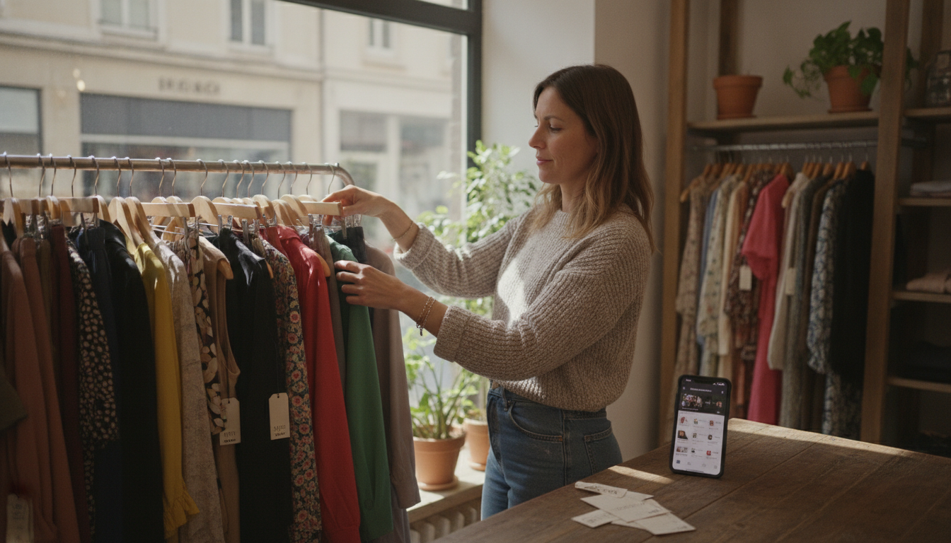 Boutique owner scheduling social content in her shop