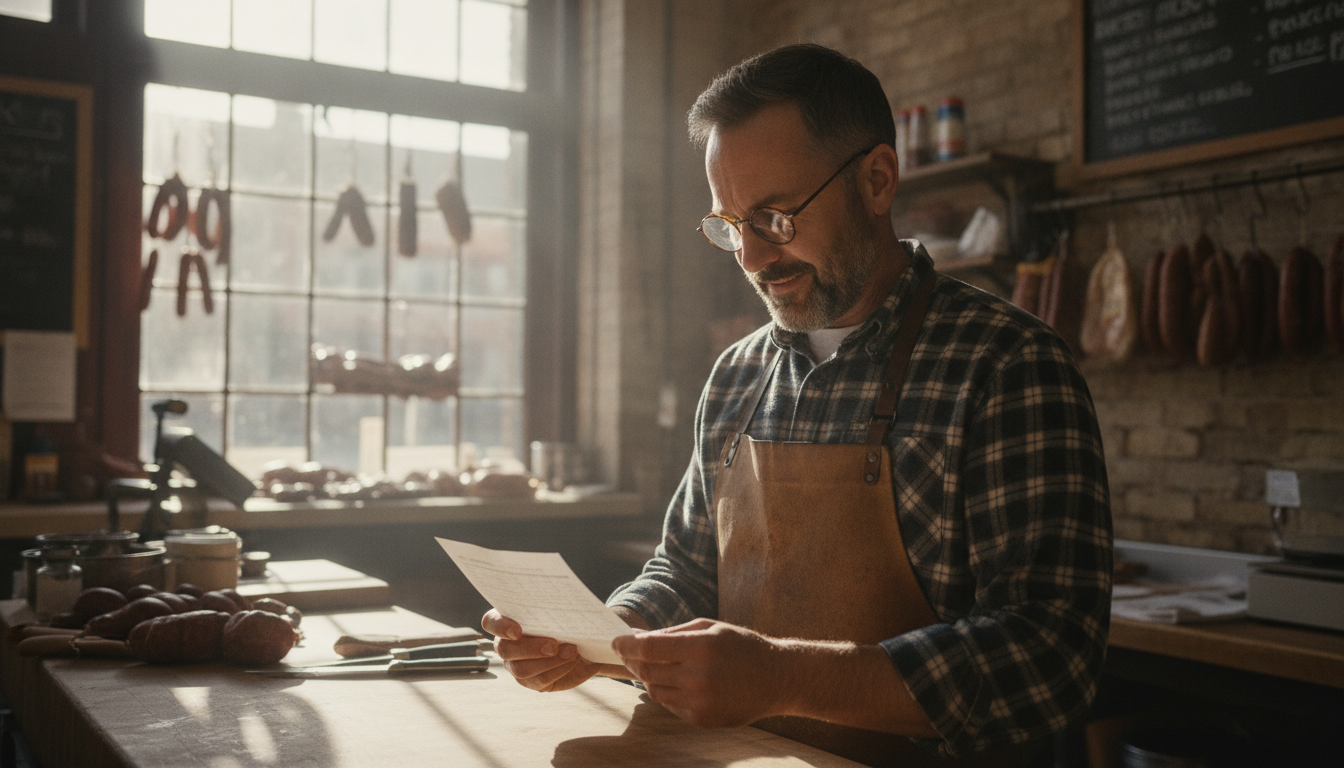 Butcher shop owner reviewing customer visit data at the counter