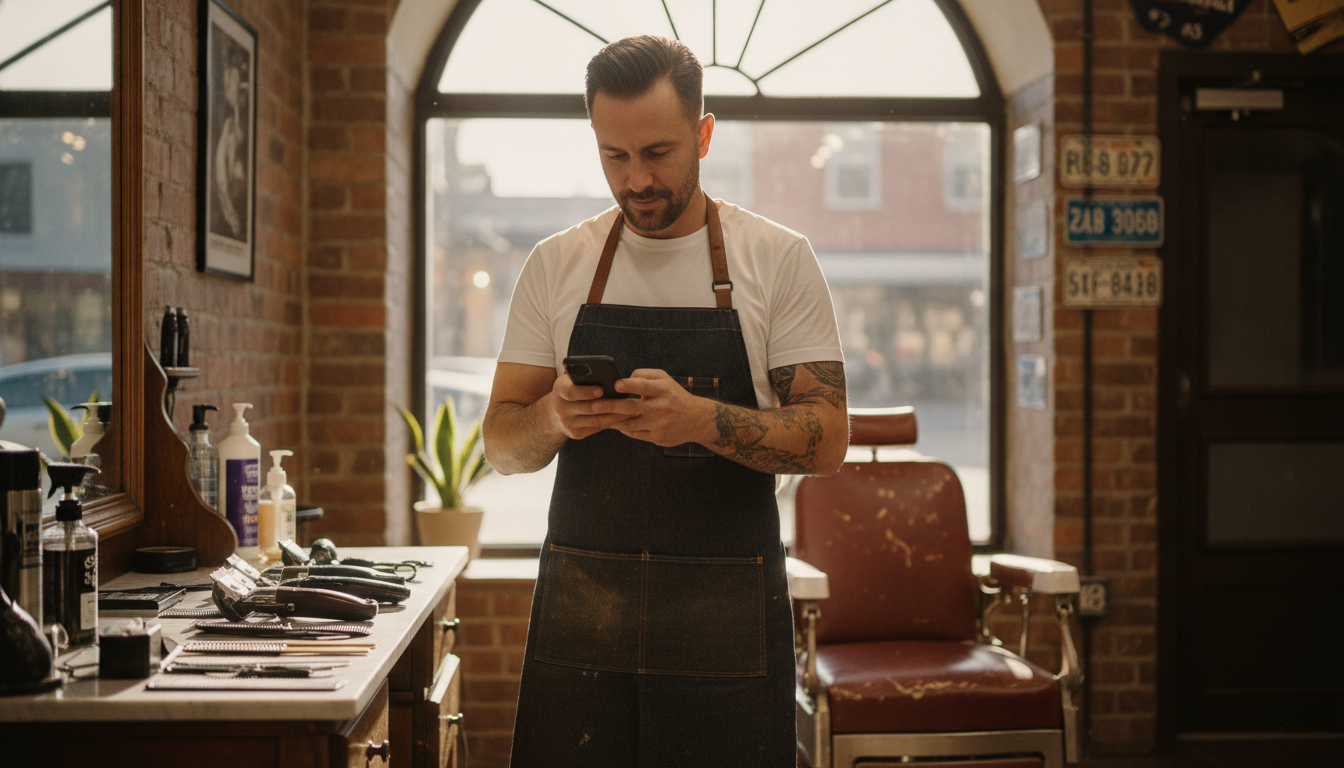 A local barbershop owner reviewing social content on his phone between client appointments