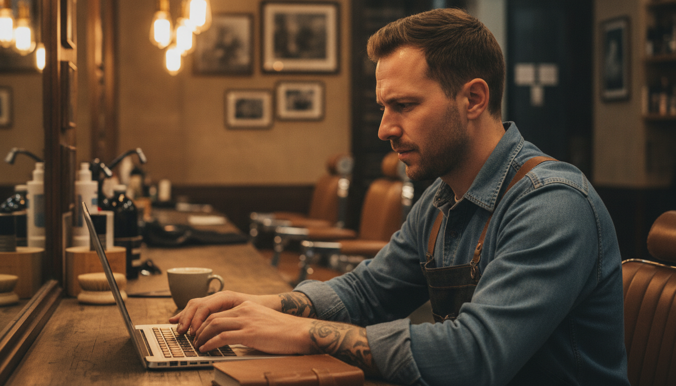 Barbershop owner setting up automated follow-up messages between client appointments