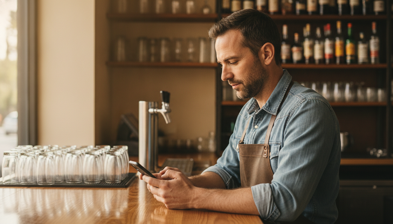 Restaurant owner reviewing his weekly marketing plan on his phone before morning service