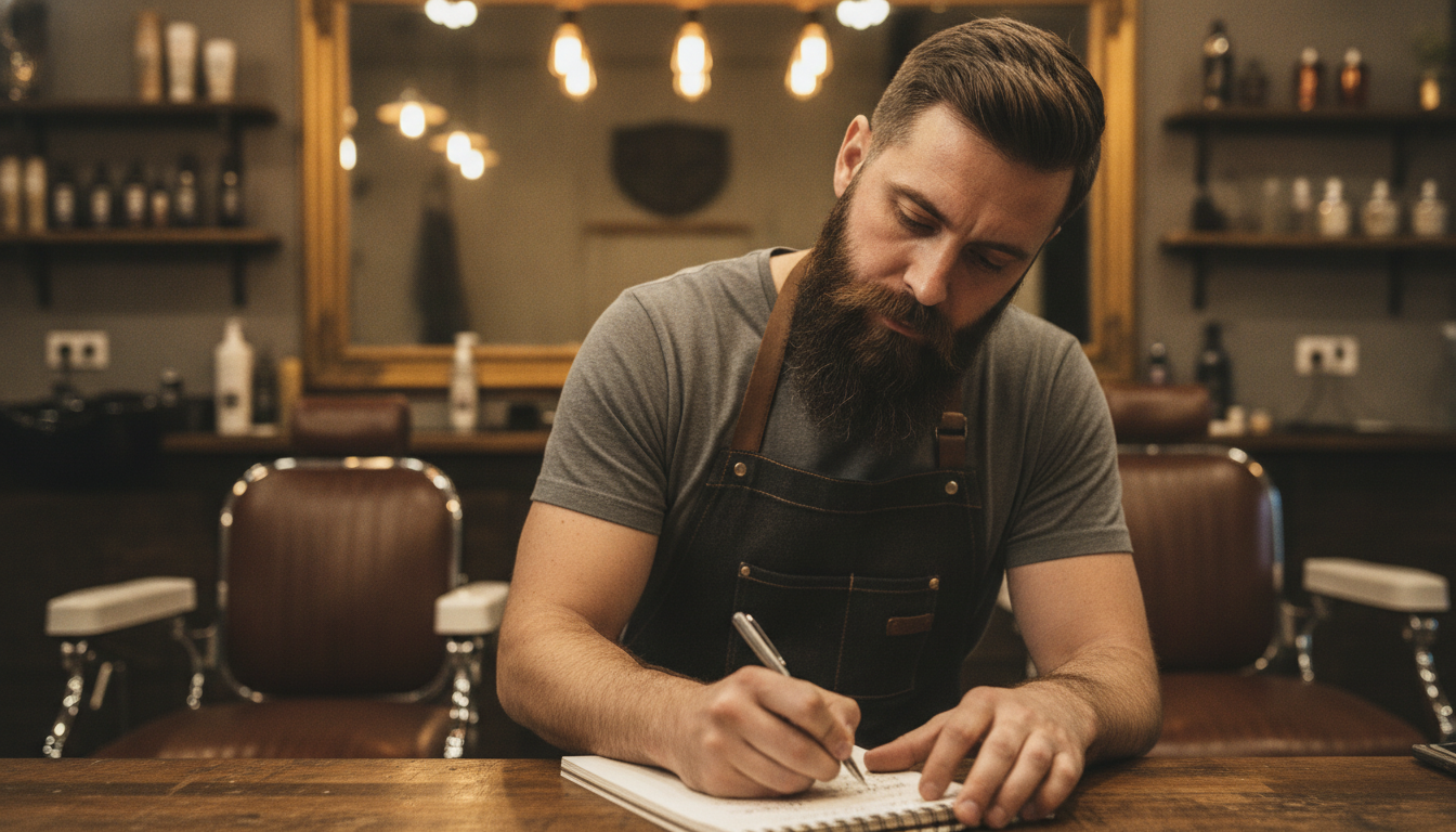Barbershop owner writing weekly Google Business Profile post ideas in a notebook at his counter