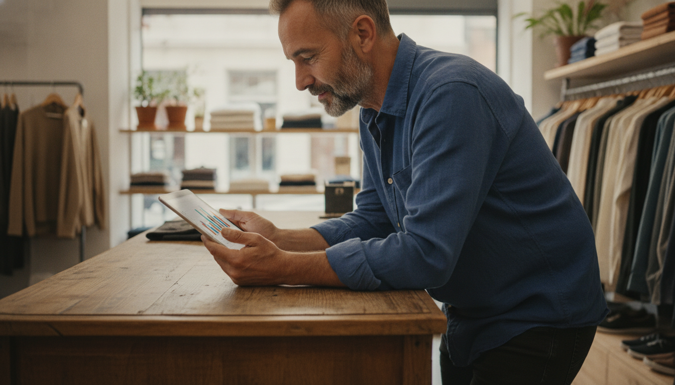 Retail shop owner reviewing sales data on a tablet in his store