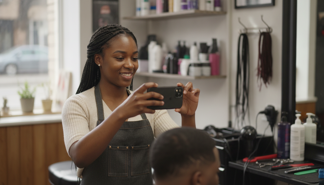 Hair salon owner photographing a client's fresh style for a Google Business Profile post