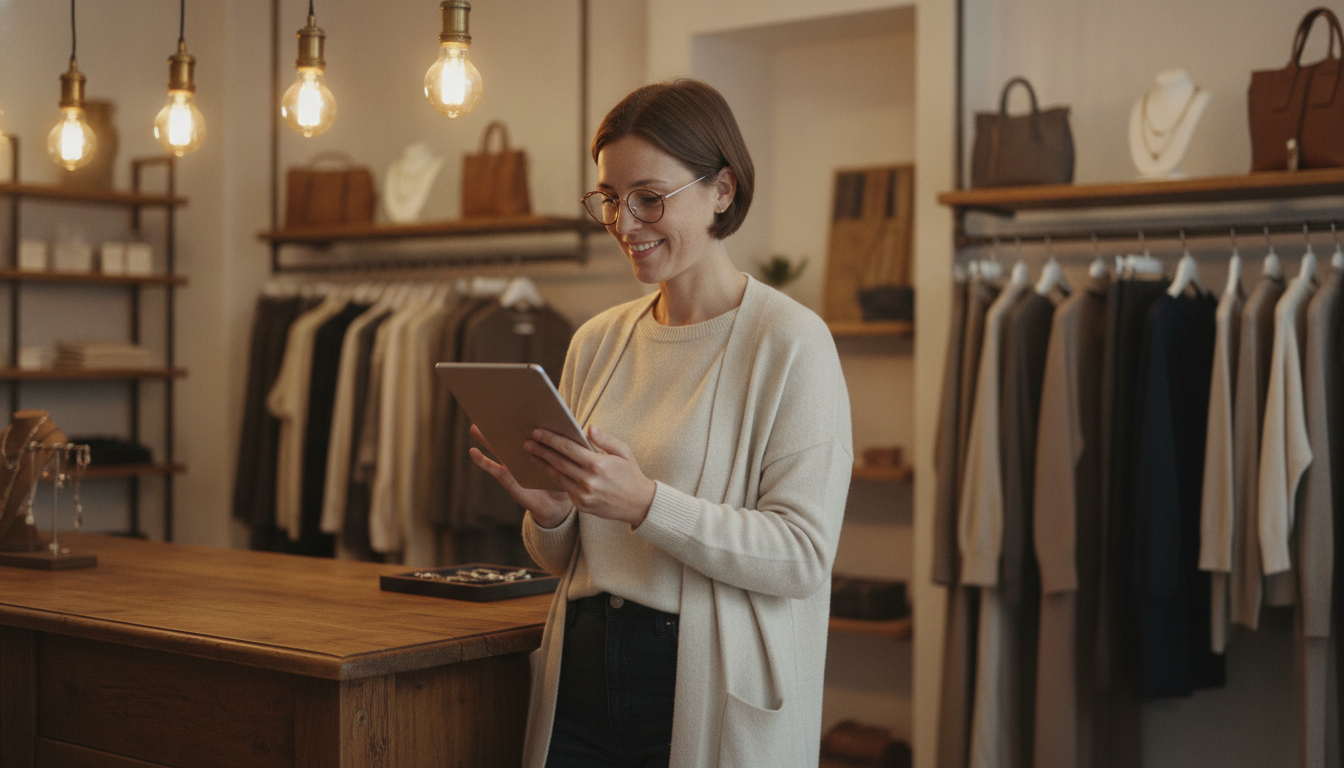 Boutique clothing store owner reviewing content ideas on a tablet in her shop