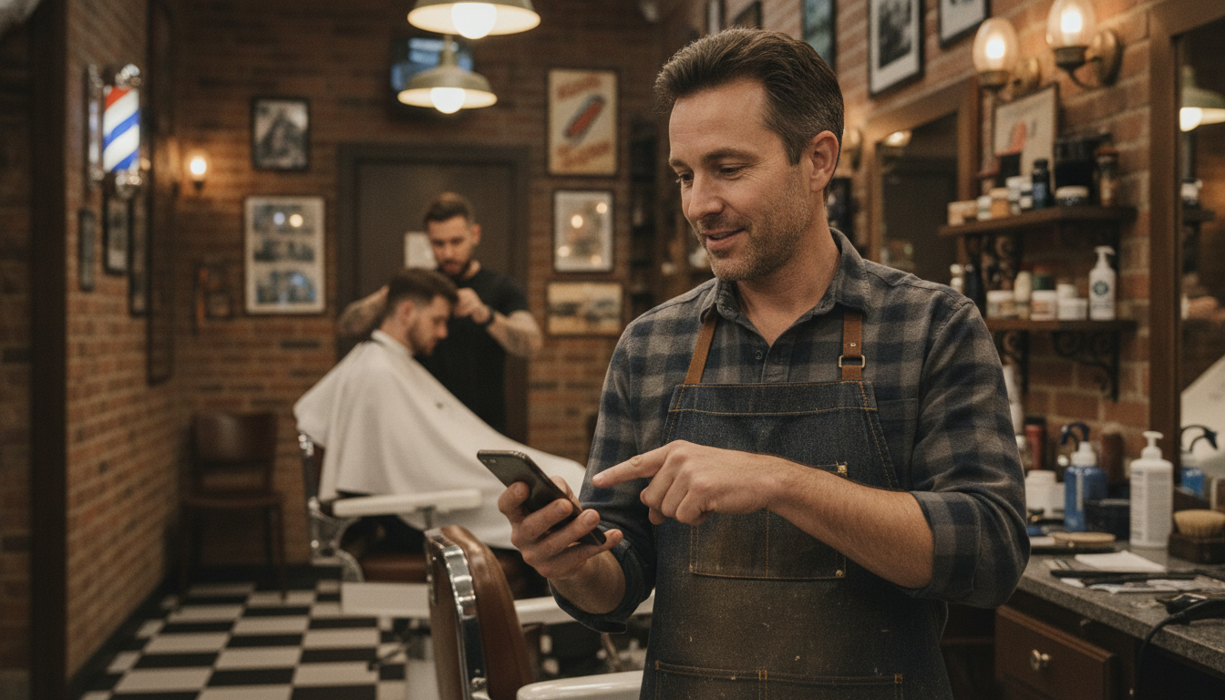 Barbershop owner reviewing a social media post on his phone while a client waits in the chair