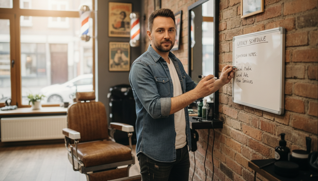 A barbershop owner planning a slow-season campaign on a whiteboard in his shop