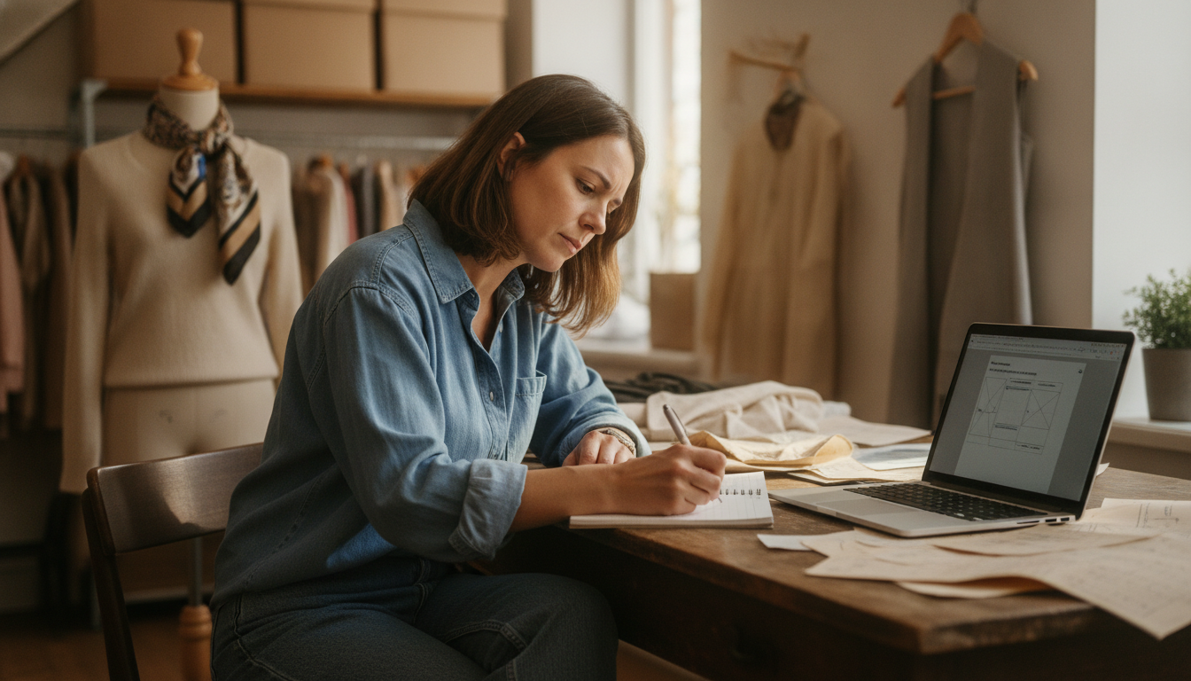 Boutique clothing store owner writing ad copy at her desk surrounded by product samples