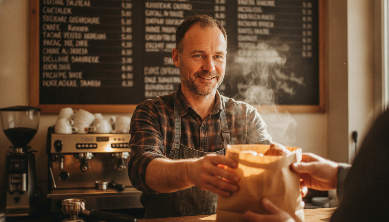 Independent cafe owner serving a returning customer at the counter