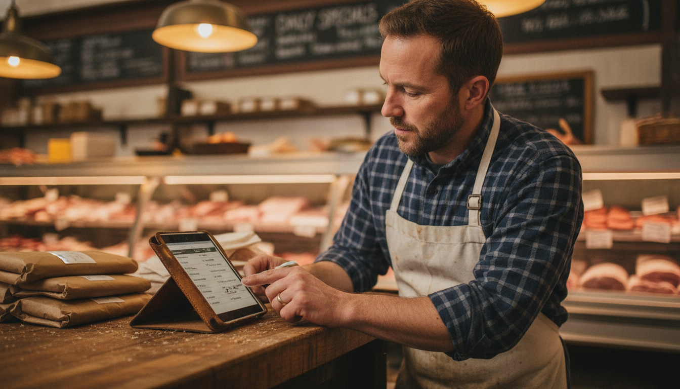 Butcher shop owner reviewing customer data on a tablet at his counter