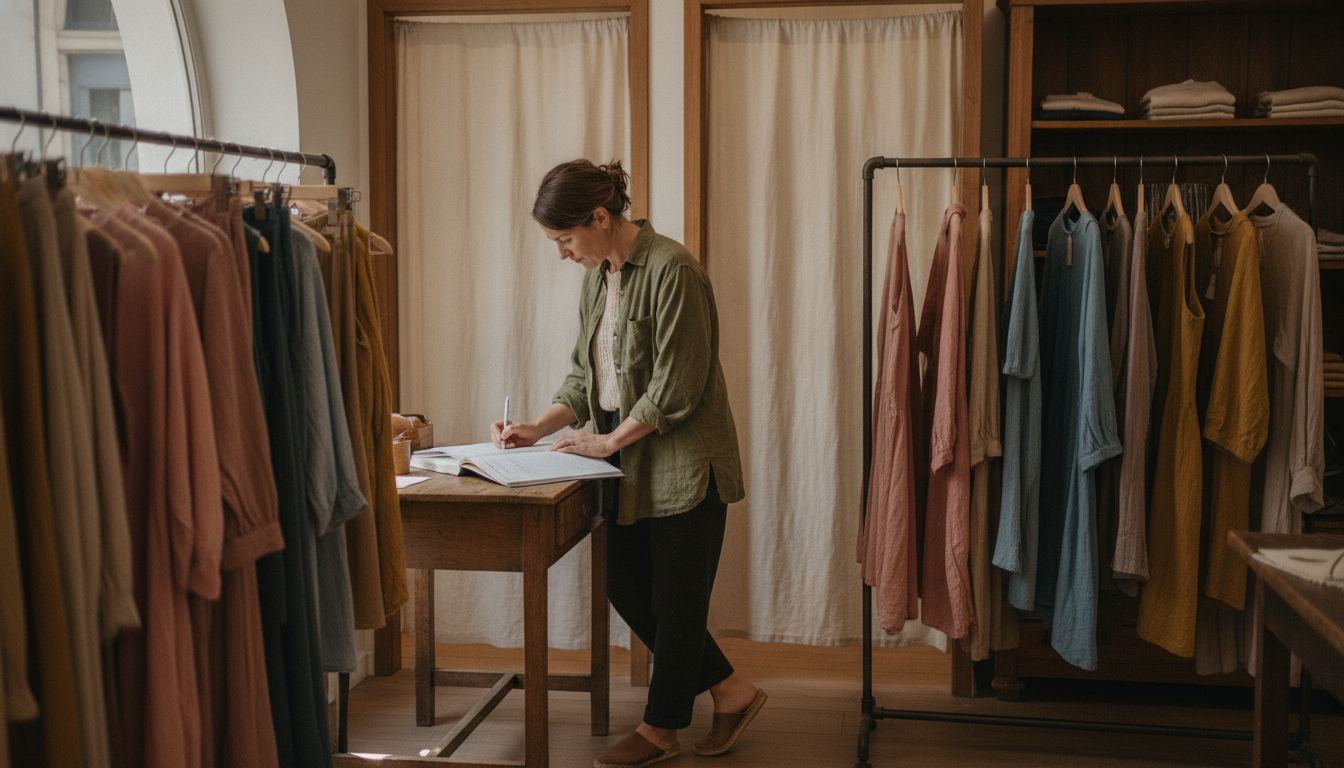 Boutique clothing store owner planning her weekly marketing content during a quiet moment in her shop